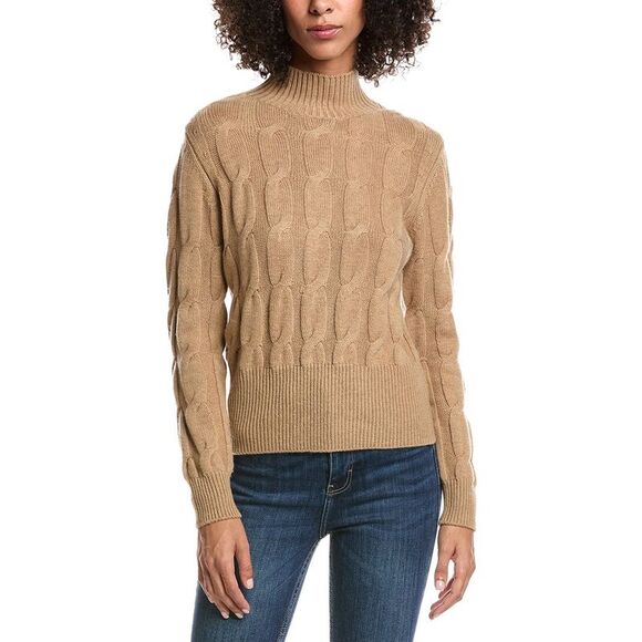 Forte Cashmere WomensCable Wool & Cashmere-Blend Mock Neck Sweater Tan